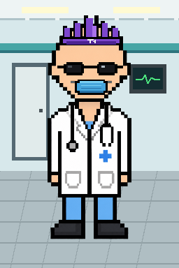 Pixel-art punk with purple mohawk and mask