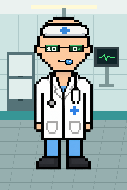 Pixel-art punk with white headband and glucose readout glasses