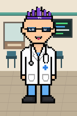Pixel-art punk with purple mohawk in a classroom